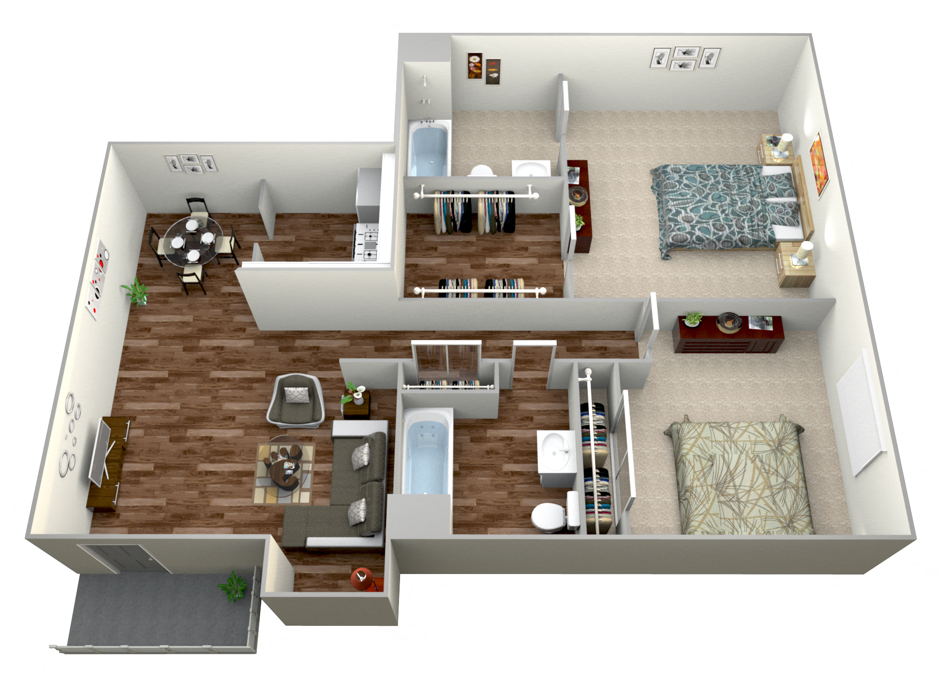 Floor plan for 2 beds, 2 baths, 985 sqft